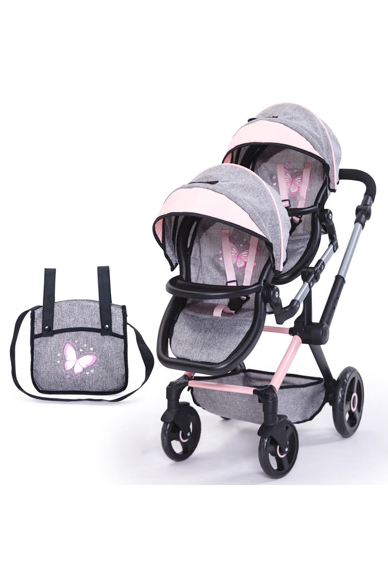 Xeo Twin Pram Butterfly Matching Handbag, Dolls 20 Inches, Main, color, Multicolored