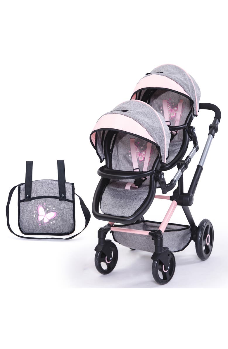 Bayer Design Xeo Twin Pram Butterfly Grey & Pink Matching Handbag, Dolls 20 Inches, Main, color, Multicolored