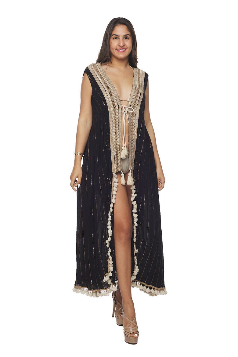 Tassel Trim Sleeveless Cover-Up Duster, Alternate, color, BLACK
