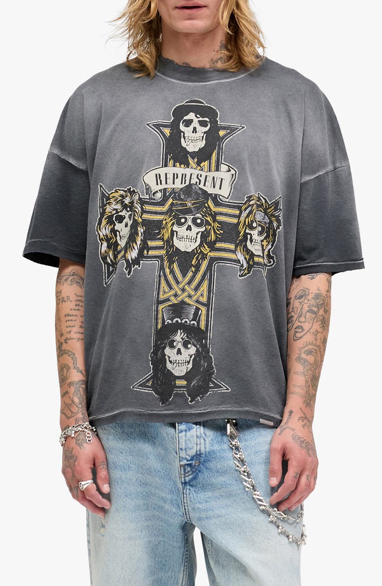 Represent G 'n' R Cotton T-Shirt, Main, color, Stained Black