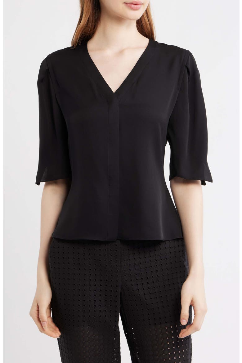 Round Sleeve Silk Button-Up Top, Main, color, BLACK