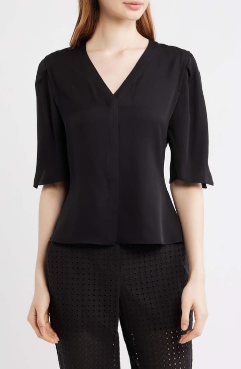 Round Sleeve Silk Button-Up Top
