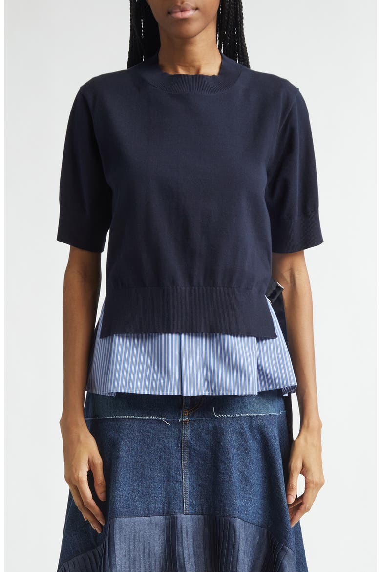 Mixed Media Poplin & Knit Sweater, Main, color, NAVY/ BLUE STRIPE