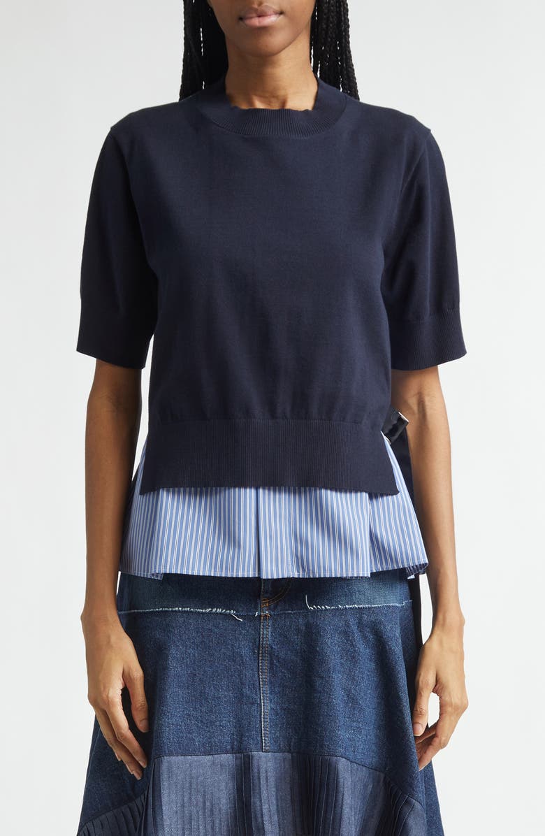 Sacai Mixed Media Poplin & Knit Sweater, Main, color, Navy/ Blue Stripe