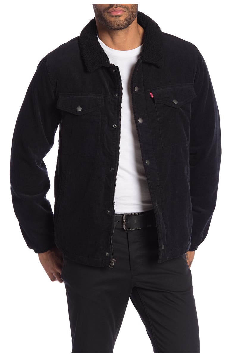 Levi's<sup>®</sup> Corduroy Faux Shearling Lined Trucker Jacket, Main, color, Black