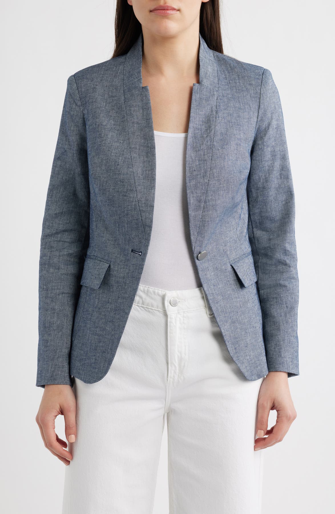 Halogen one-button linen-denim tailored blazer, front view