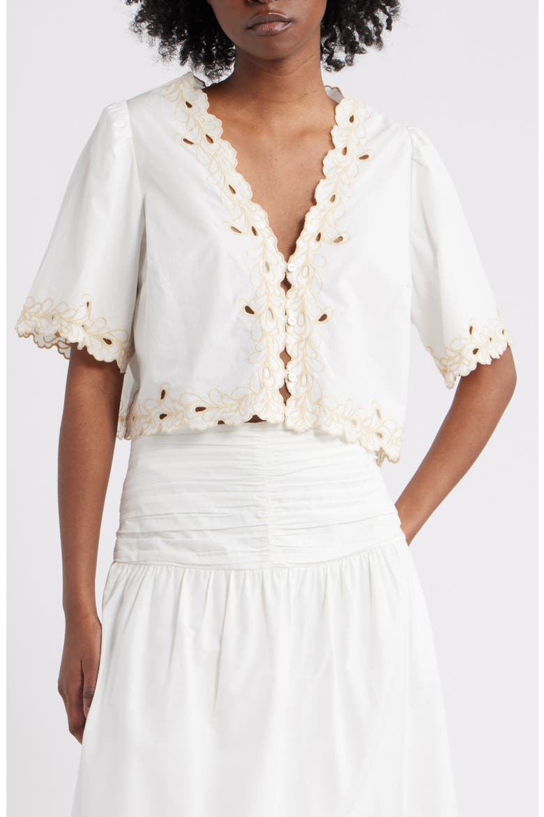 Cataluna Embroidered Cotton Poplin Crop Top, Main, color, WHITE