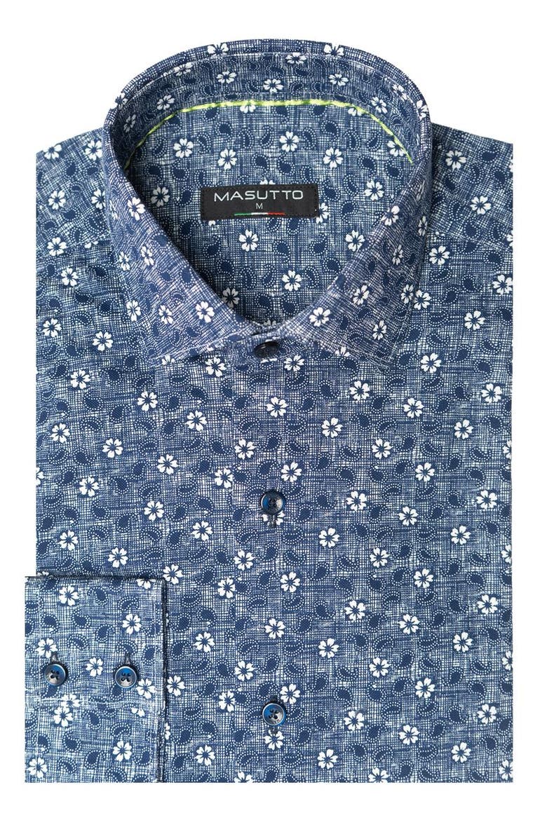 Florian Floral Knit Print Button-Up Shirt, Main, color, Blue