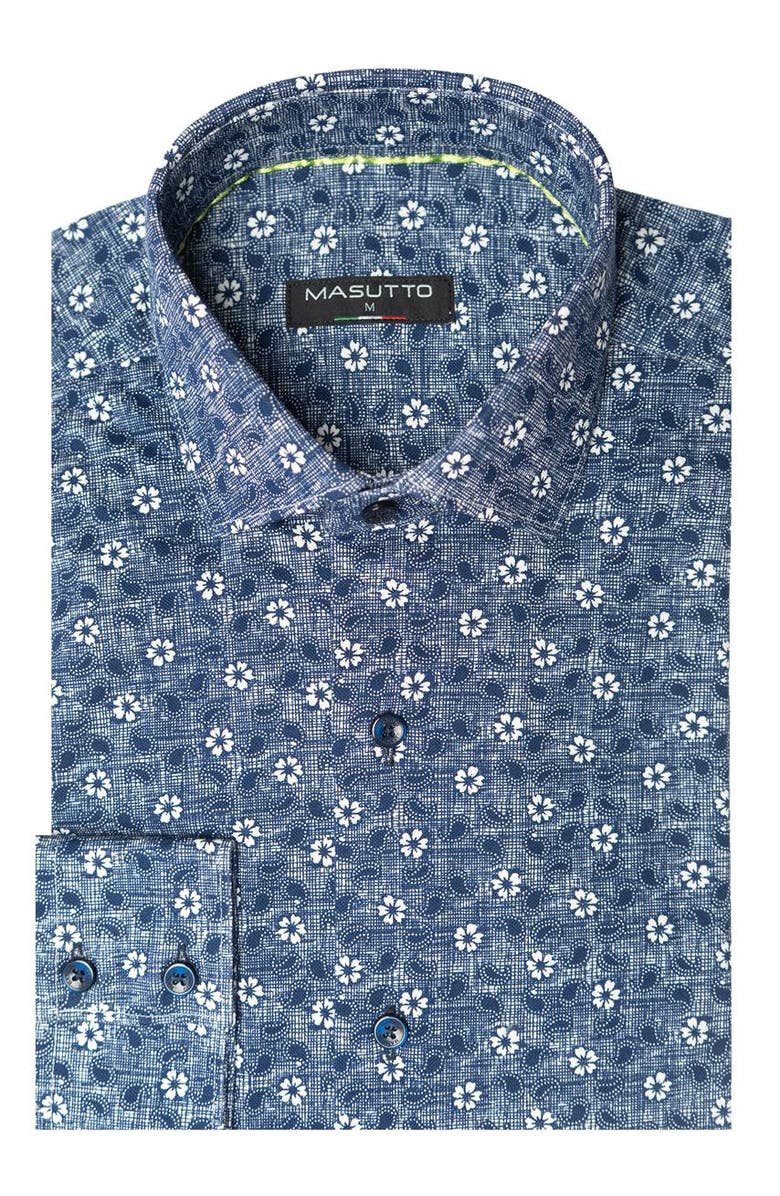 MASUTTO Florian Floral Knit Print Button-Up Shirt, Main, color, Blue