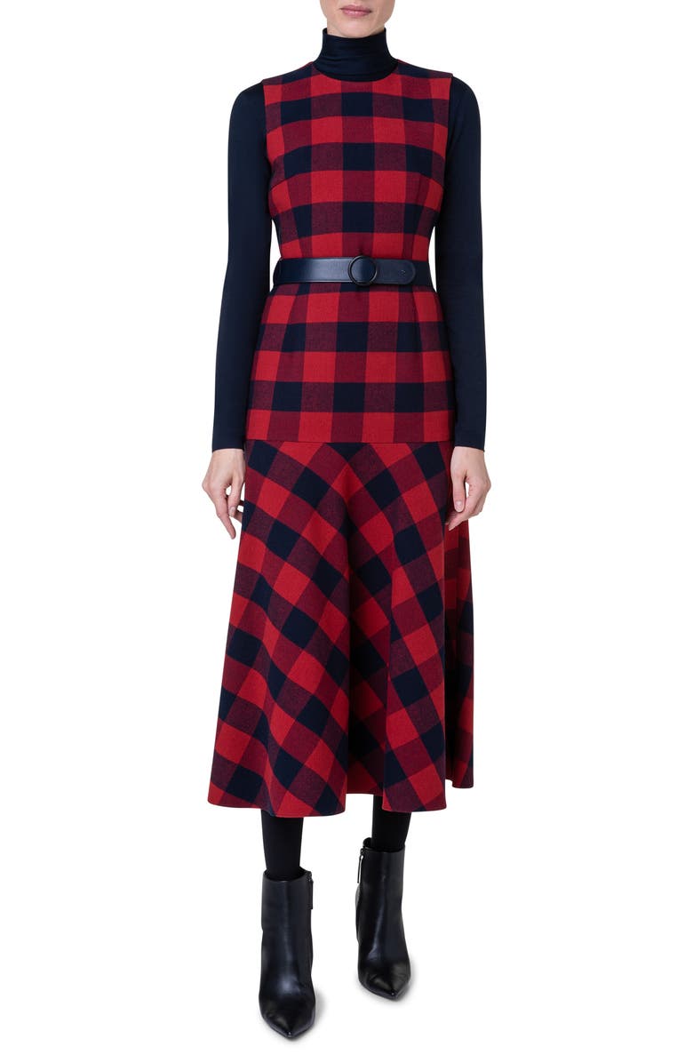 Akris punto Buffalo Plaid Wool & Cotton Flannel Drop Waist Dress, Main, color,