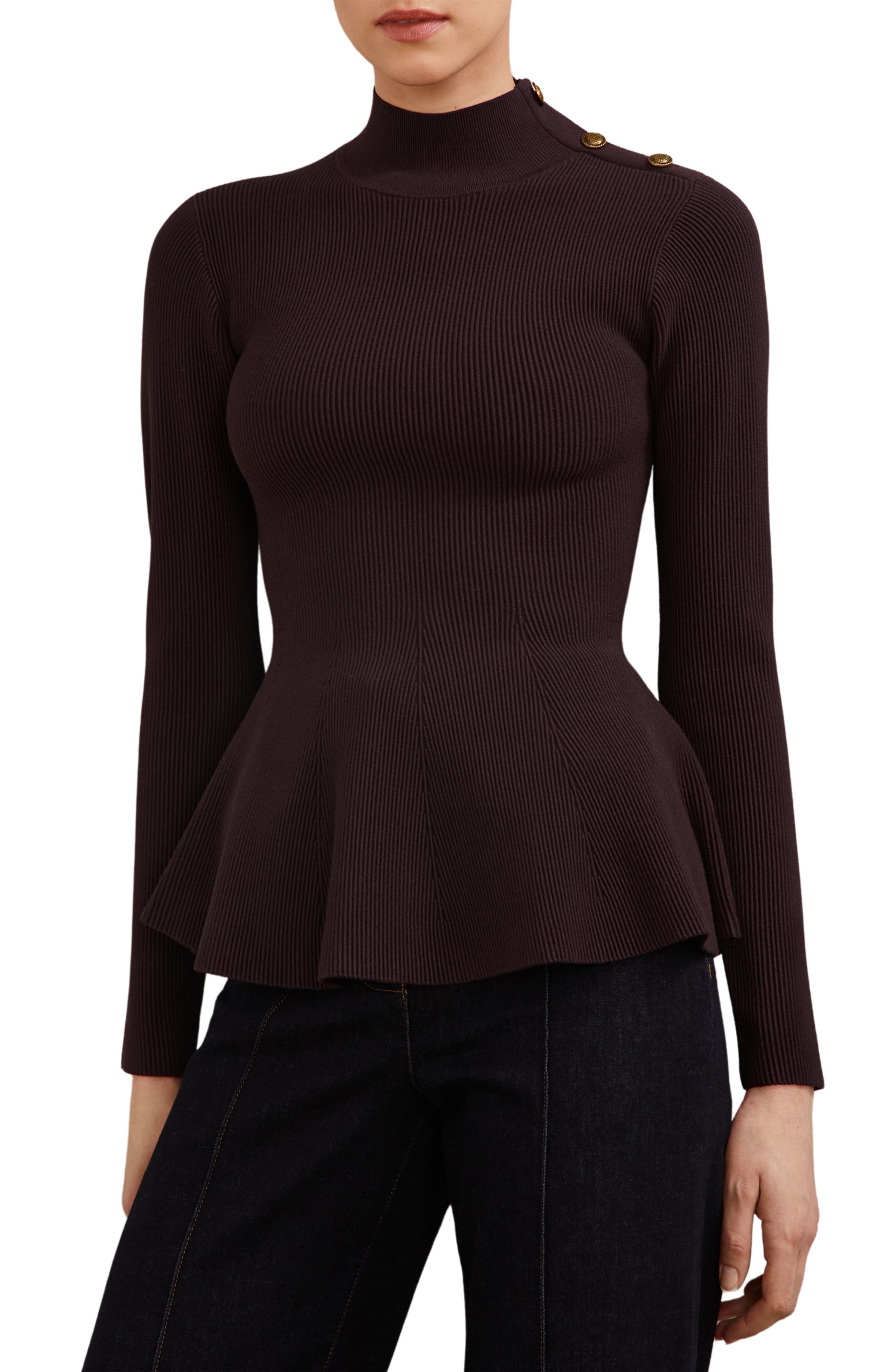 Reiss Isabella Rib Mock Neck Peplum Top In Burgundy