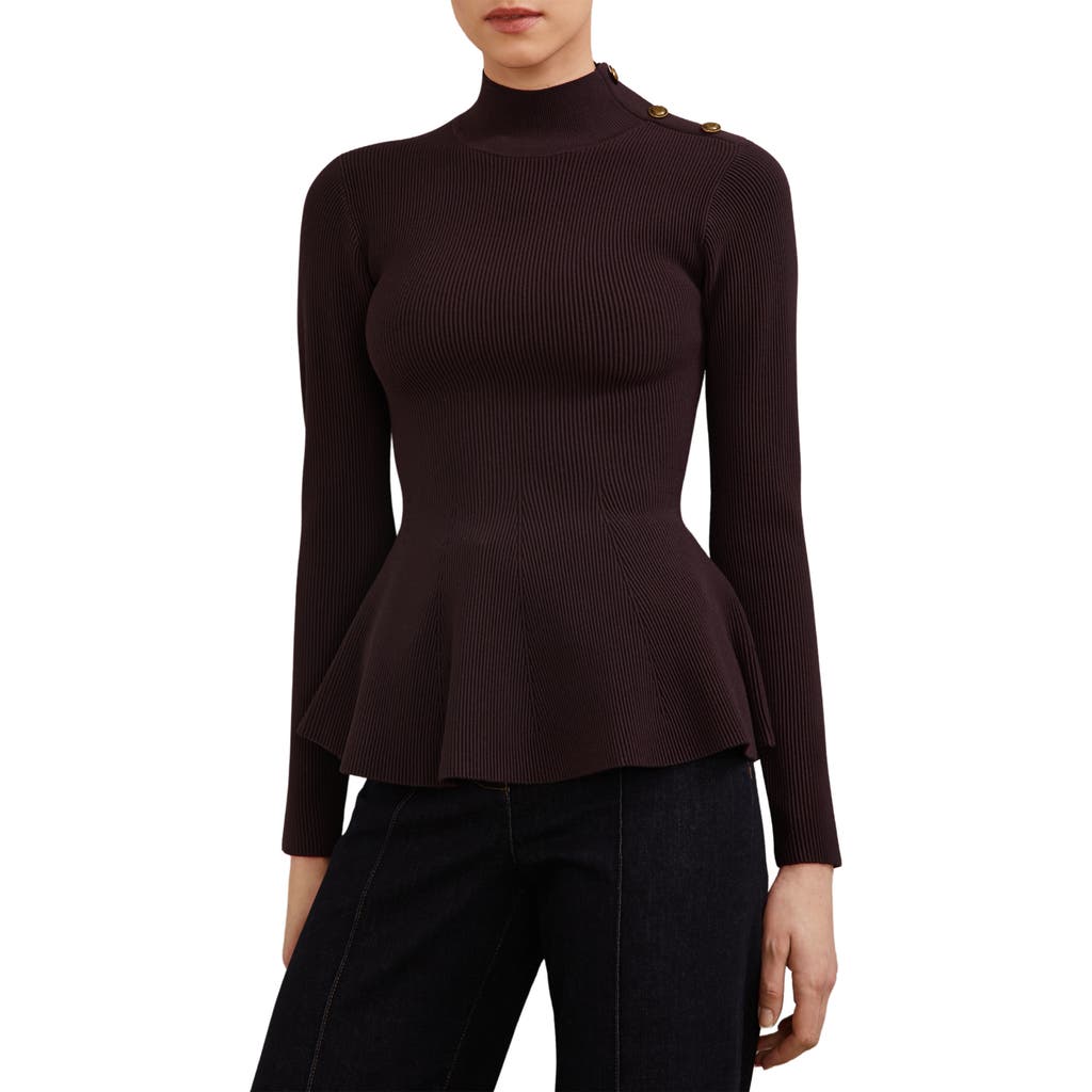 Reiss Isabella Rib Mock Neck Peplum Top In Burgundy