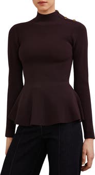 Reiss Isabella Rib Mock Neck Peplum Top