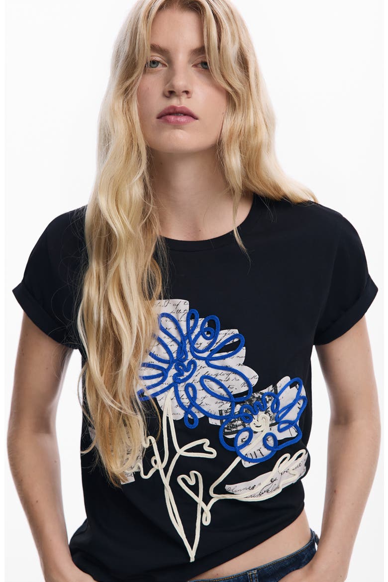 Floral Crewneck Cotton Graphic T-Shirt, Alternate, color, BLACK