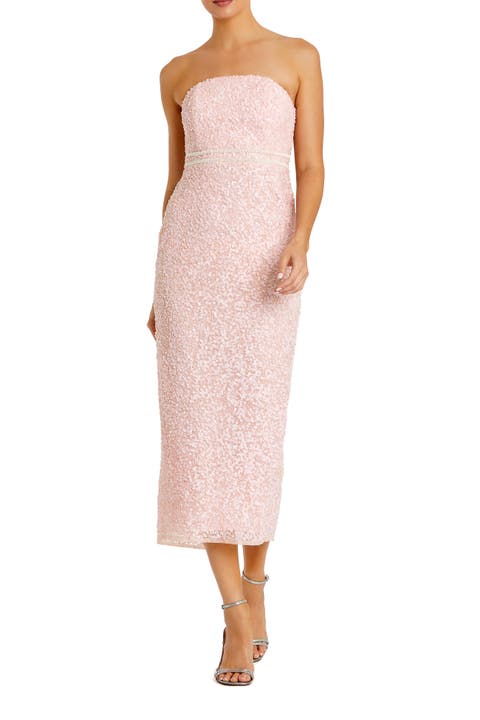 Pearl Embellished Strapless Midi Cocktail Dress