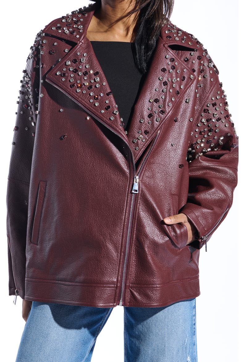 Crystal Studded Oversize Faux Leather Moto Jacket, Alternate, color, BURGUNDY