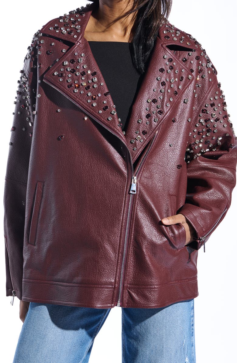 AZALEA WANG Crystal Studded Oversize Faux Leather Moto Jacket, Alternate, color, Burgundy