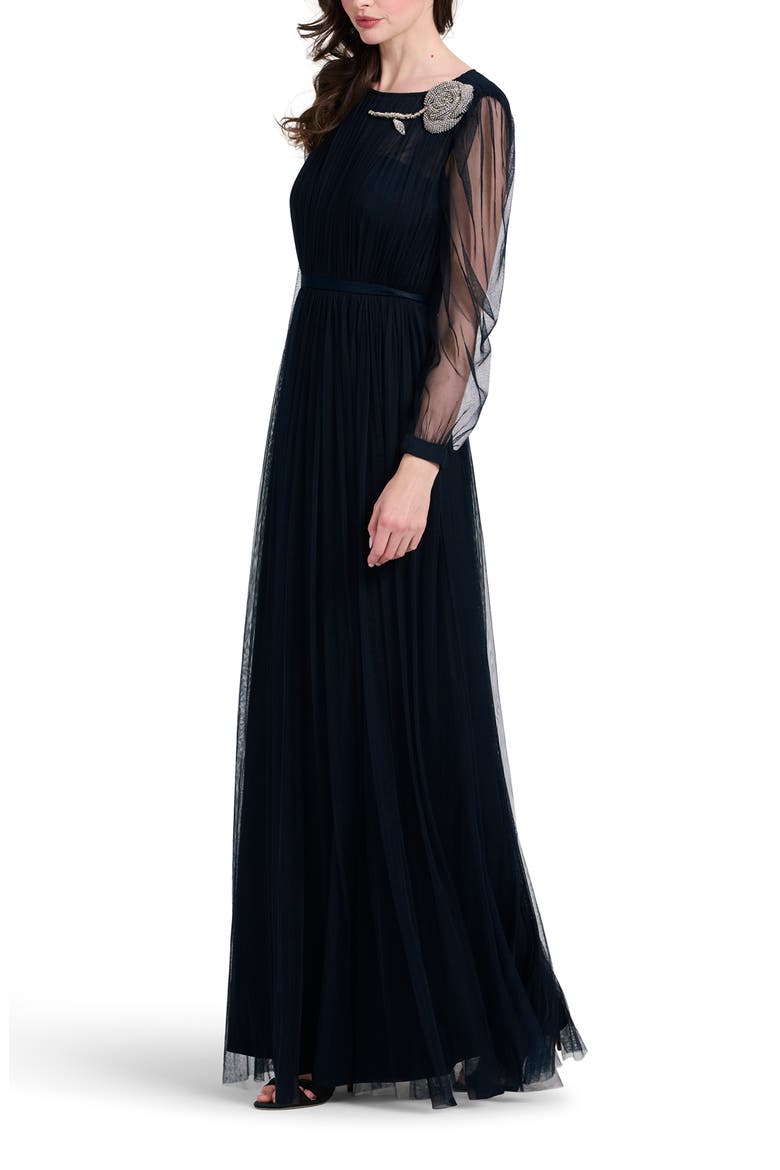 Long Sleeve Floral Appliqué Spanish Tulle Gown, Alternate, color, NAVY