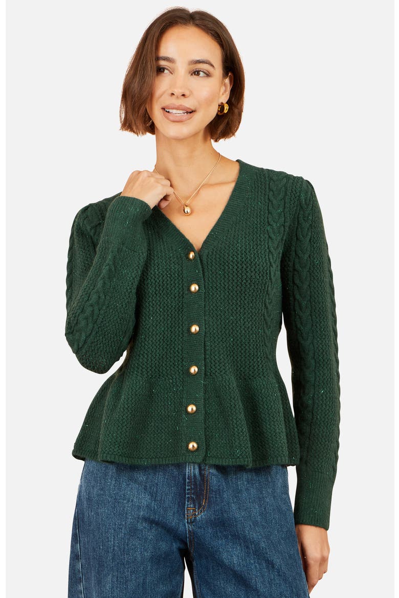 Cable Knit Peplum Cardigan, Alternate, color, Green