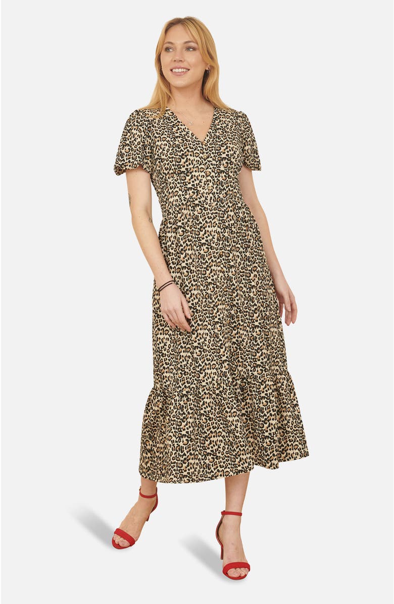 Yumi Pleated Button Through Midi Dress, Main, color, Brown