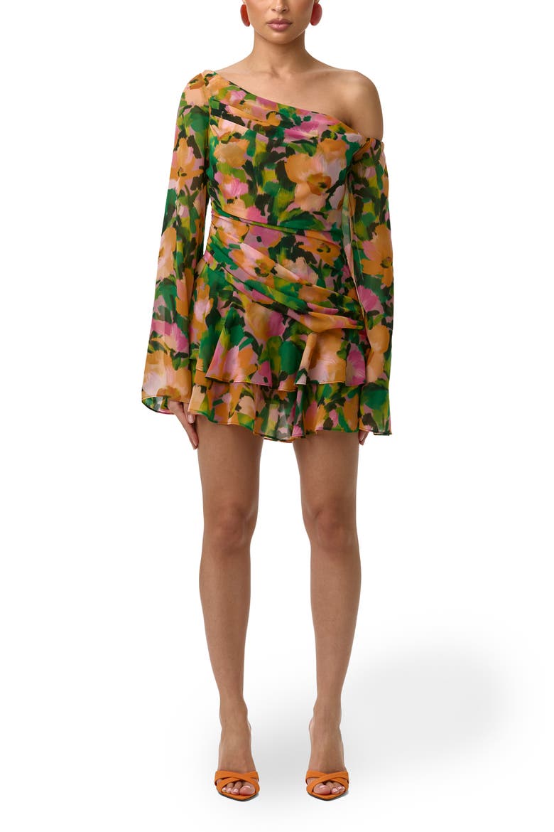 Ruffle Print One-Shoulder Long Sleeve Minidress, Main, color, SECRET GARDEN