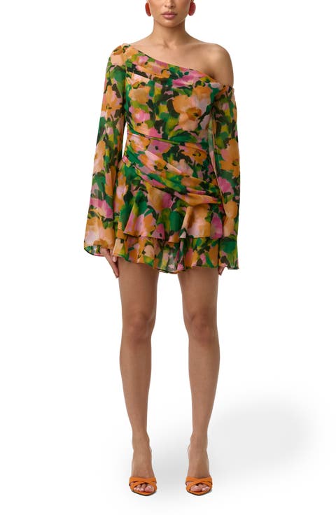 Ruffle Print One-Shoulder Long Sleeve Minidress