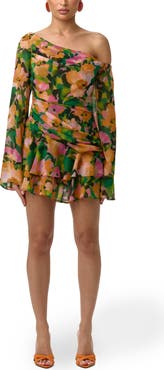 Naked Wardrobe Ruffle Print One-Shoulder Long Sleeve Minidress