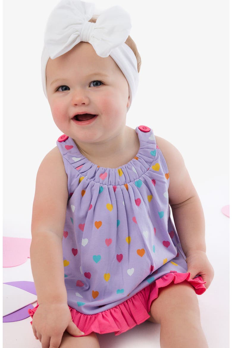 Kids' Heart Print Cotton Ruffle Swing Top and Bloomer Set, Alternate, color, PURPLE