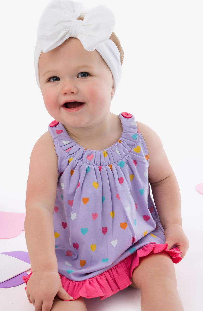 RuffleButts Kids
 Heart Print Cotton Ruffle Swing Top and Bloomer Set, Alternate, color, Purple