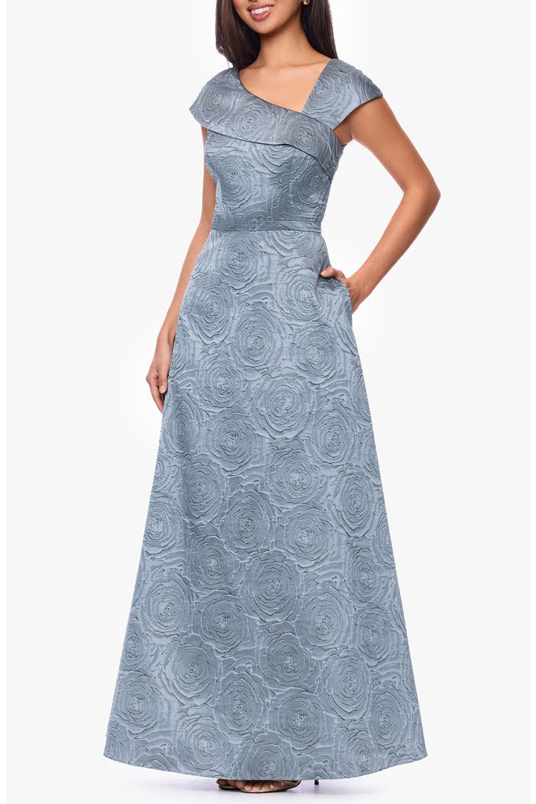 Floral Brocade Asymmetric Neck Gown, Alternate, color, SLATE