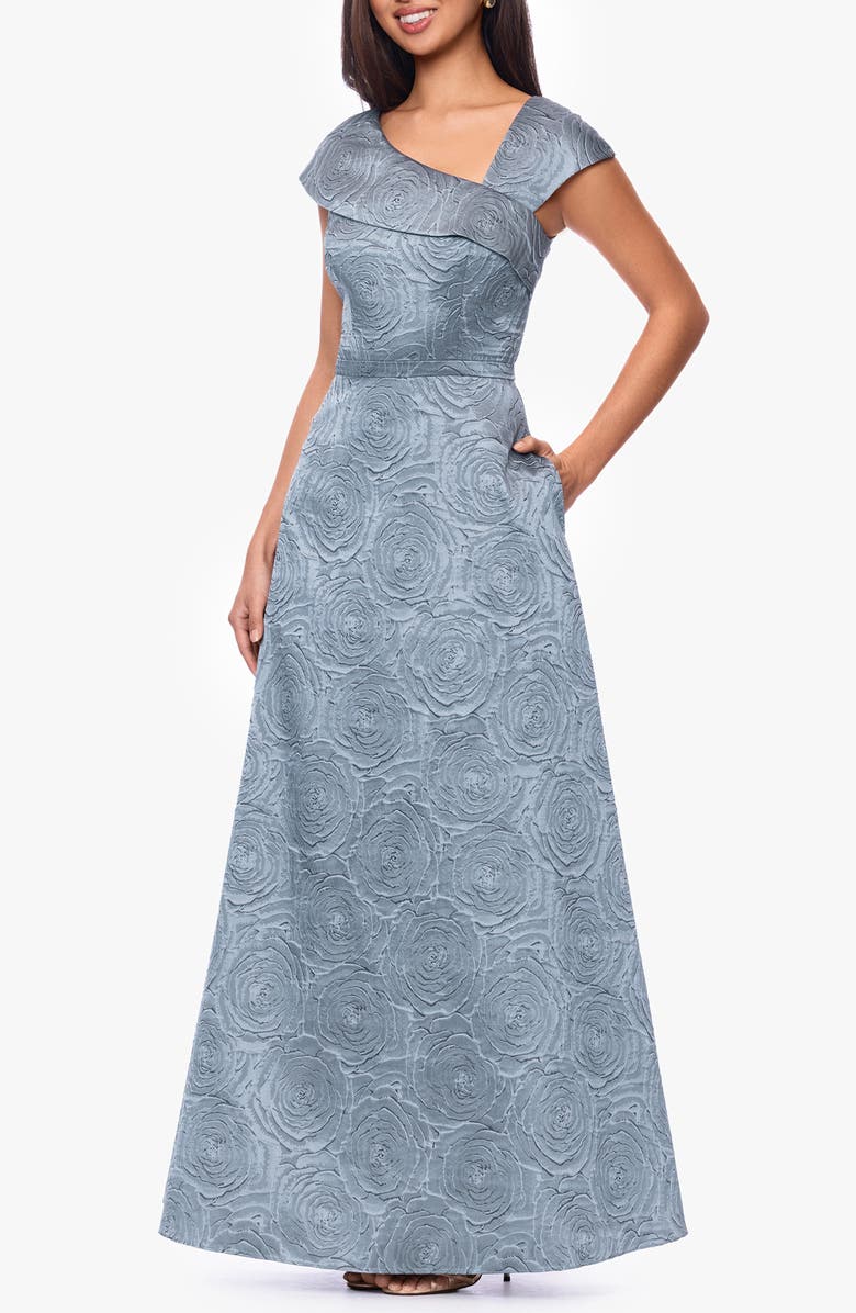 Xscape Evenings Floral Brocade Asymmetric Neck Gown, Alternate, color, 