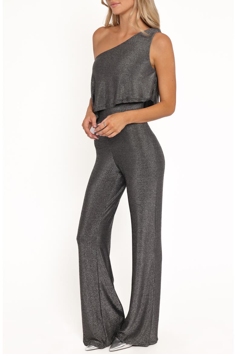 Anna Metallic One-Shoulder Flare Jumpsuit, Alternate, color, BLACK SILVER
