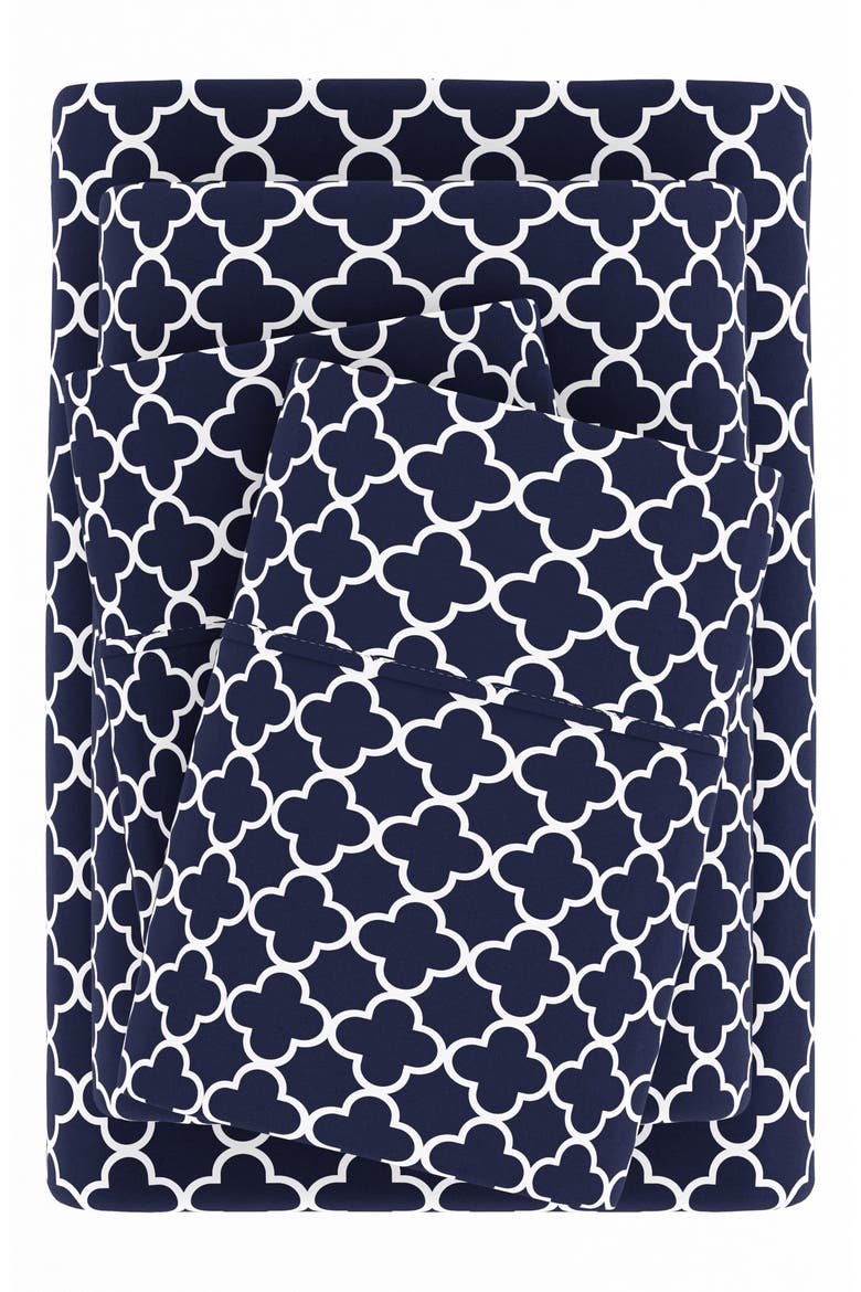 HOME SPUN Premium Ultra Soft Quatrefoil Pattern 4-Piece Bed Sheet Set, Alternate, color, NAVY