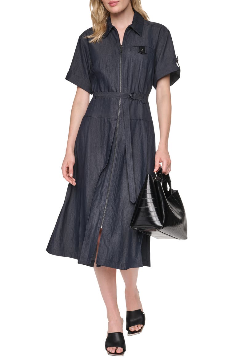 Front Zip Belted Midi Dress, Alternate, color, DARK INDIGO WASH