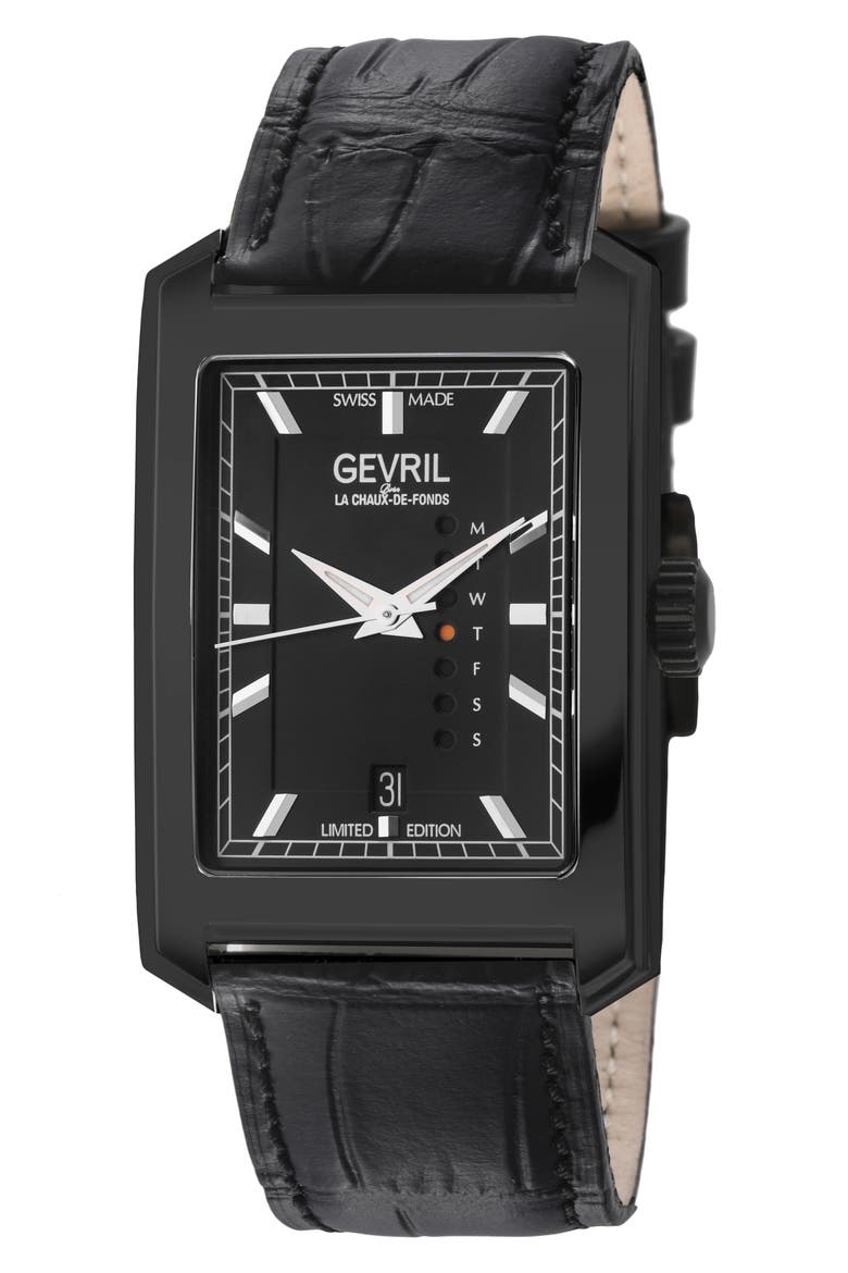 Manhattanhenge Automatic Rectangle Croc Embossed Leather Strap Watch, 39mm, Main, color, BLACK