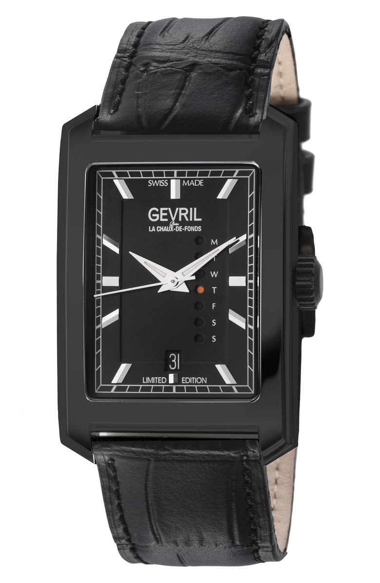 GEVRIL Manhattanhenge Automatic Rectangle Croc Embossed Leather Strap Watch, 39mm, Main, color, Black
