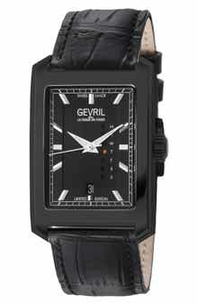 GEVRIL Manhattanhenge Automatic Rectangle Croc Embossed Leather Strap Watch, 39mm