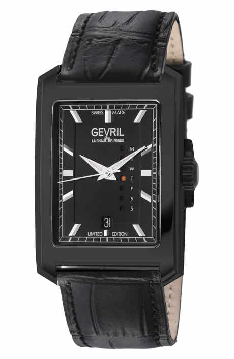 GEVRIL Manhattanhenge Automatic Rectangle Croc Embossed Leather Strap Watch, 39mm