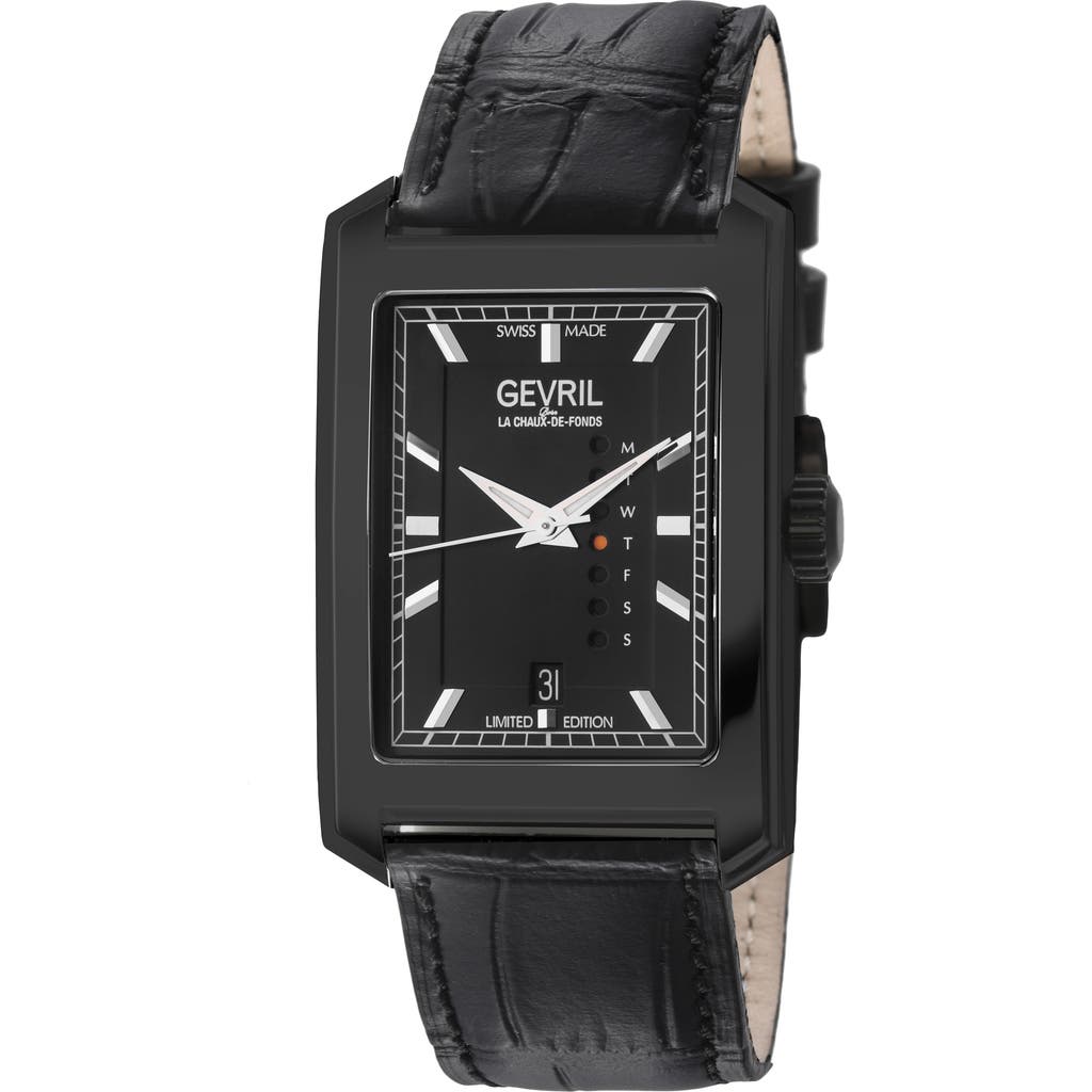 Gevril Manhattanhenge Automatic Rectangle Croc Embossed Leather Strap Watch, 39mm In Black