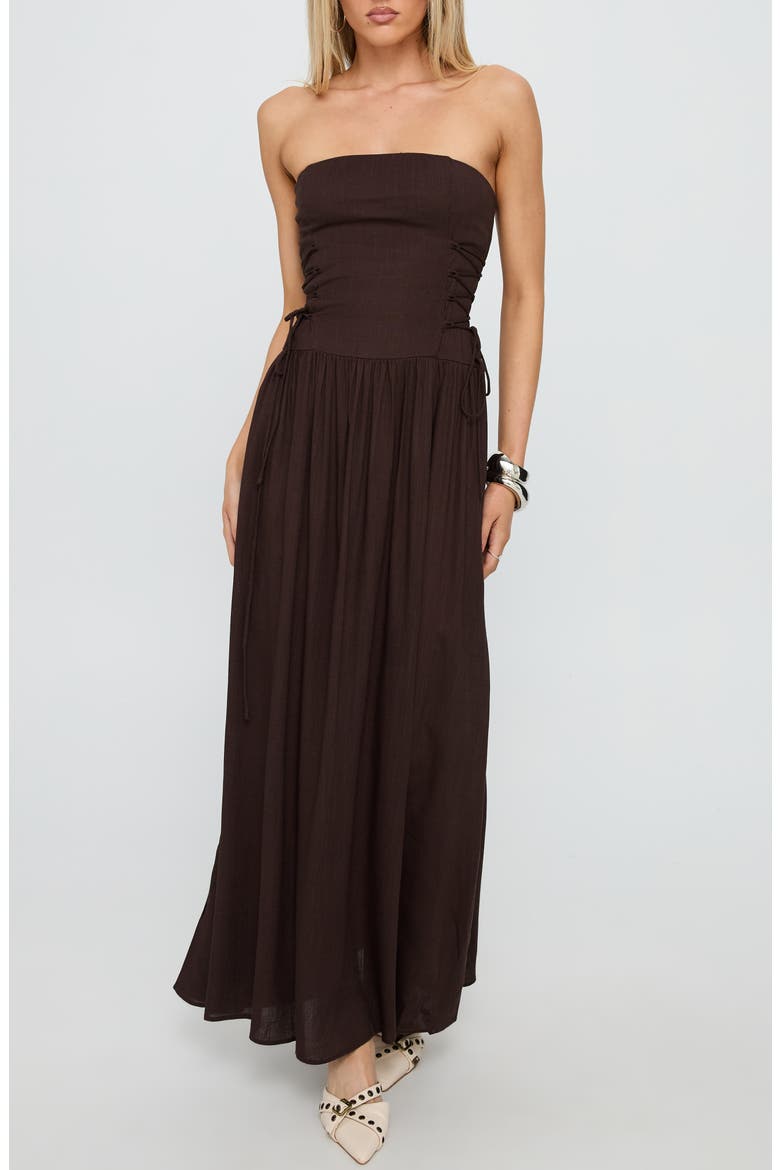 So Far So Good Strapless Linen & Cotton Maxi Dress, Main, color, CHOCOLATE