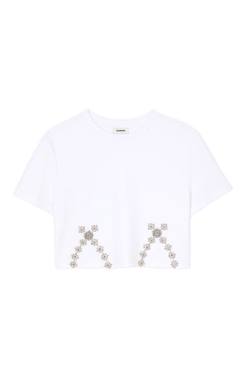 Sandro Womens Naturels Crystal-embellished Cut-out Cotton-blend T-shirt In White