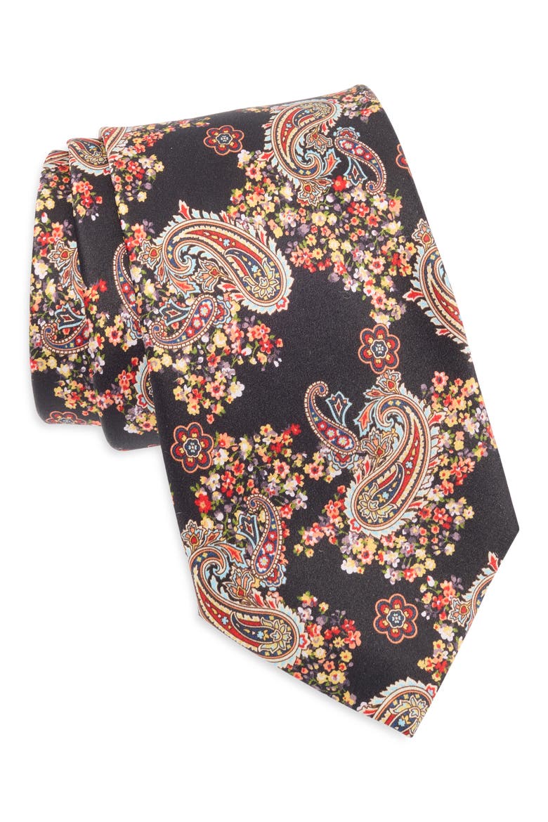 Paisley Floral Silk Tie, Main, color, BLACK
