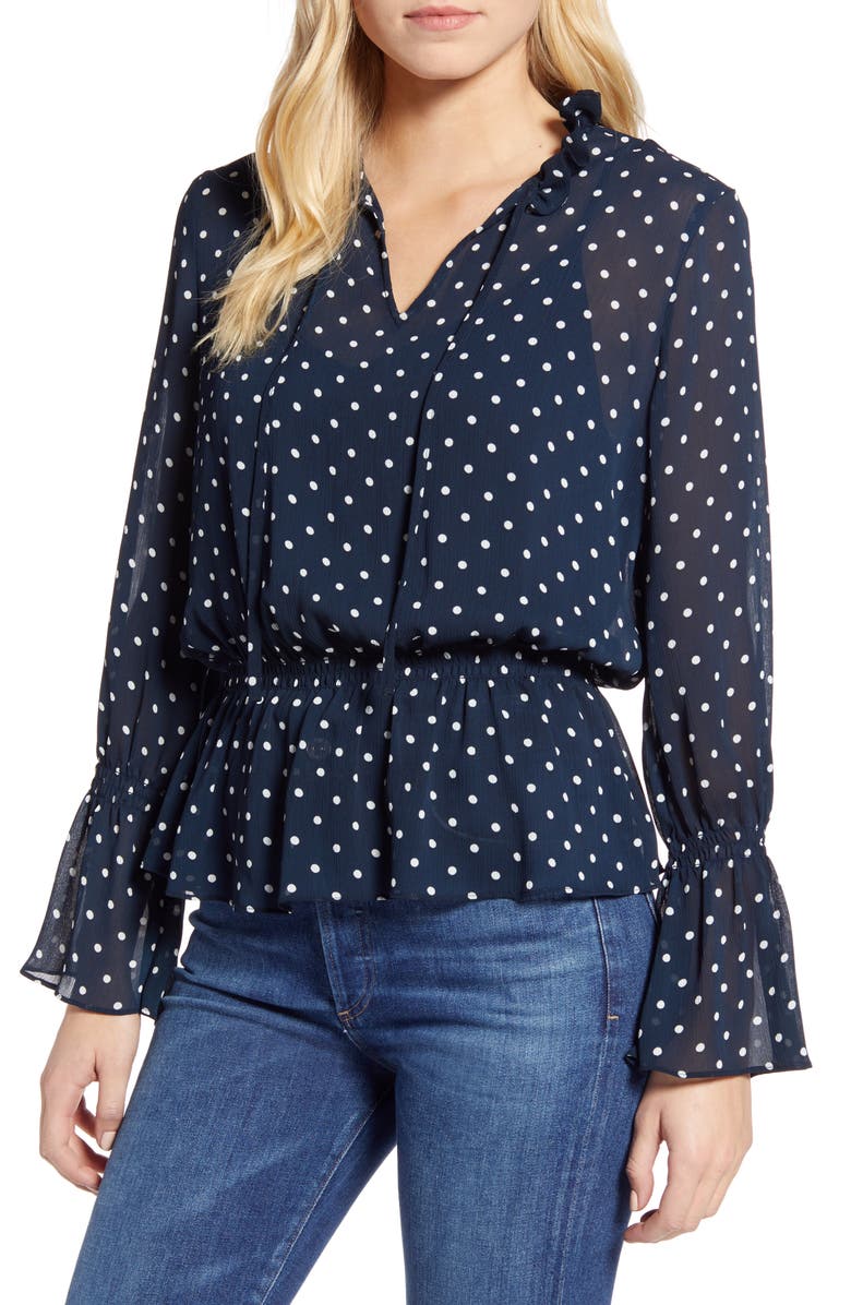 Tommy Hilfiger Polka Dot Long Sleeve Peplum Top, Main, color,