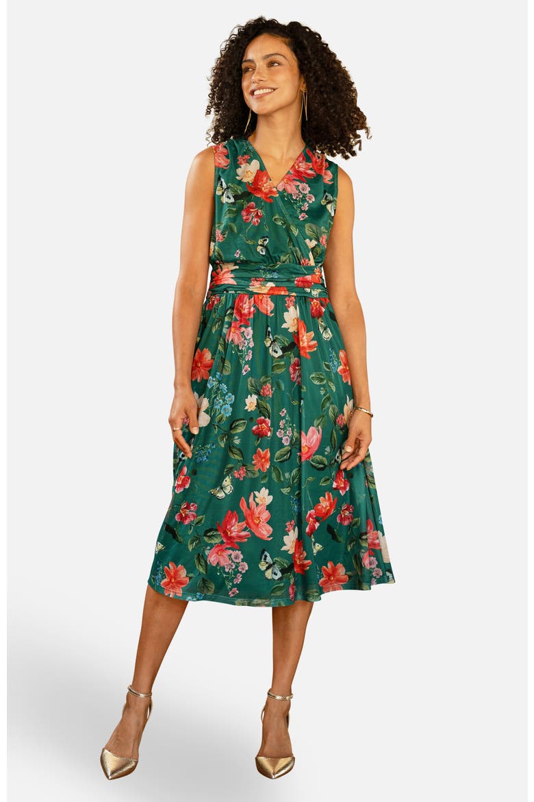 Floral Print Mesh Stretch Midi Dress, Main, color, Green