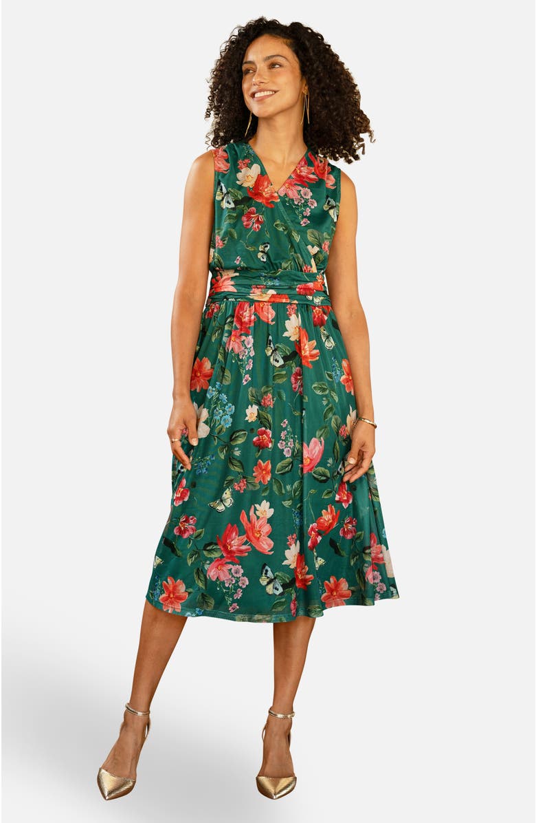 Yumi Floral Print Mesh Stretch Midi Dress, Main, color, Green