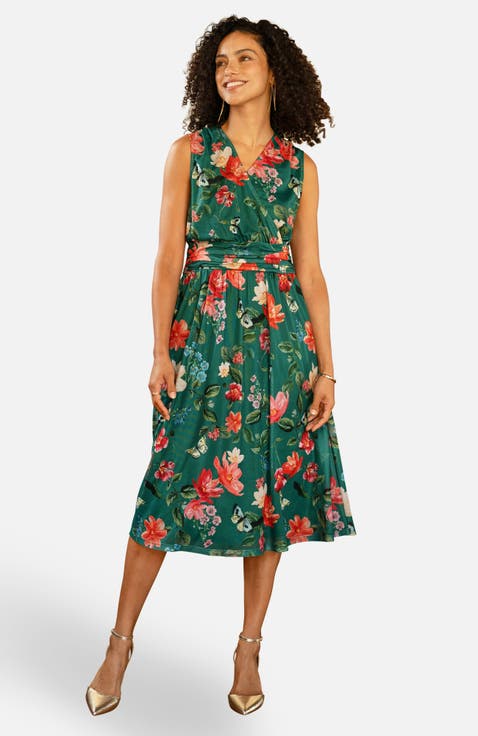 Floral Print Mesh Stretch Midi Dress