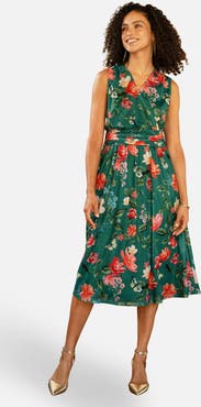 Yumi Floral Print Mesh Stretch Midi Dress