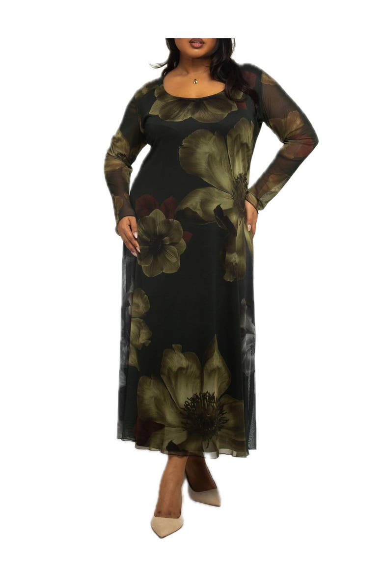 FASHION-SZN CURVE Mesh Floral Print Midaxi Dress, Alternate, color, 
