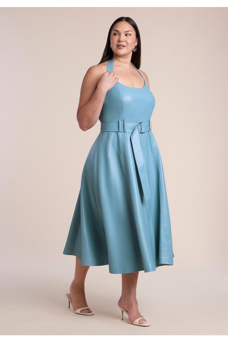 Faux Leather Halter Midi Dress, Alternate, color, CAMEO BLUE