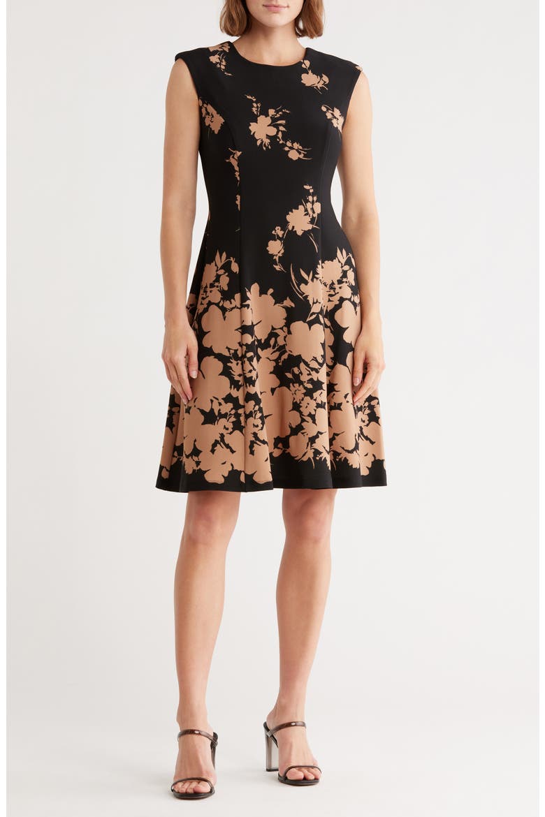 Floral Fit & Flare Dress, Main, color, BLACK/ GOLD